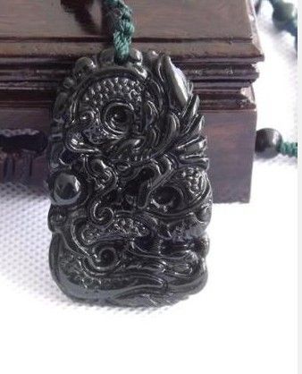 Natural dark green jade, carved amulet, (swimming dragon playing with a pearl) pendant necklace
