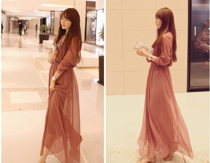 Korean Version V Neck Long Sleeved Two Piece Long Dresses Size XS XL