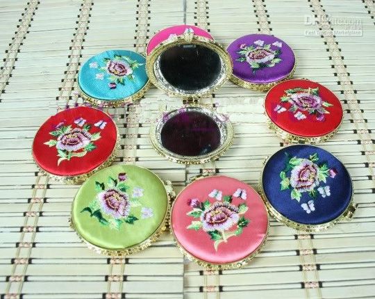 Embroidered Peony Flower Pocket Compact Mirrors Wedding Birthday Party Favors Pretty Double sided Small Ladies Makeup Mirror Portable /