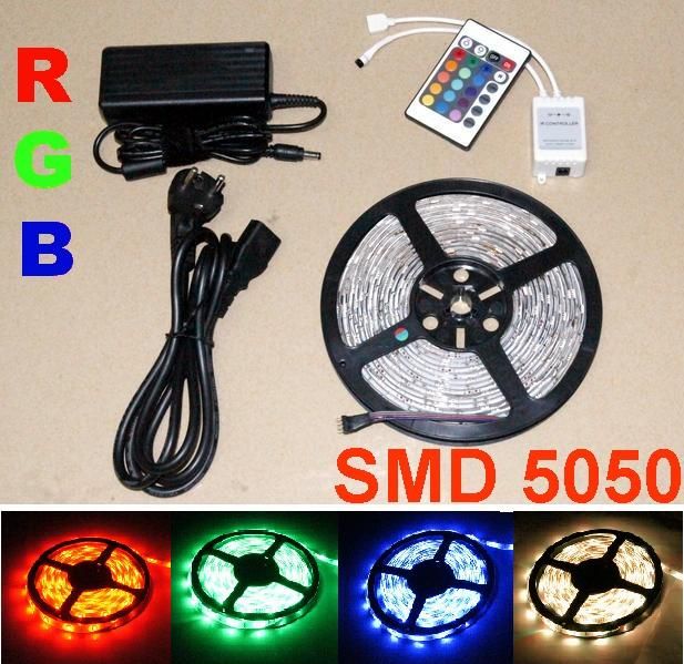 15m متعدد الألوان 5050 SMD RGB LED قطاع الخفيفة 5M 150LED للماء 30leds / m + IR عن بعد + امدادات الطاقة