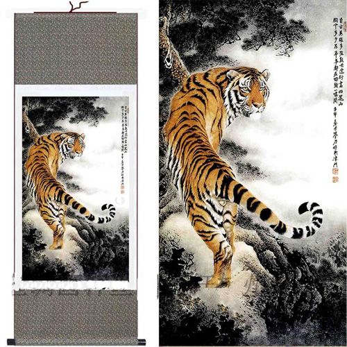 Chinesische Seidenmalerei Tiger hängenden Scroll Dekoration Kunst für Verkauf frei