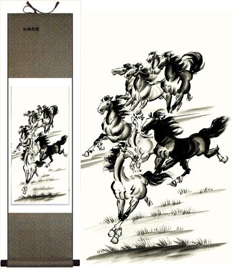 Chinese paard zijde schilderijen beroemde opknoping scroll art reproductie te koop L100 x W35CM 1 stks gratis