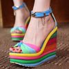 2012-5 Zeppe alte con plateau a strisce arcobaleno estive peep-toe blu arancioni 3 colori