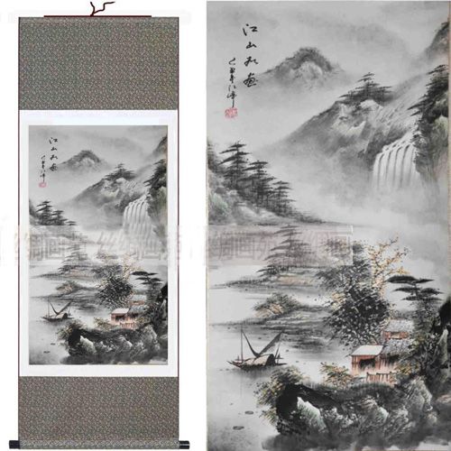 Oosterse landschapsschilderingen Chinese zijde rollen opknoping schilderij decoratie kunst geschilderd L100x30cm 1 stuk gratis