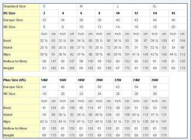 Prom Dress Size Chart