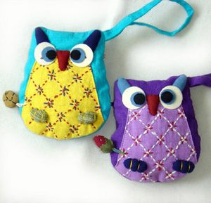 Zipper Cute Owl Coin Purse Kid Barn Kinesisk Tyg Hantverk Pås Pocket Money Plånbok Väska Partihandel Storlek 9.5x12.5 cm 10st / lot