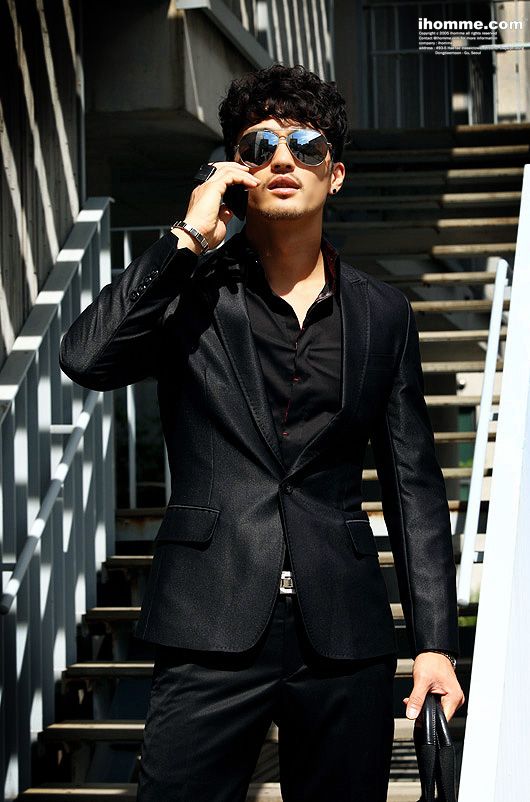 Best Quality Mens Suits Shiny Black Sword Collar Slim One Button Suit
