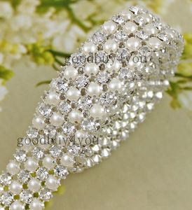 Typ-4 1 Yard 4 Rader Diamant A Rhinestone och Pearl Bröllopstårta Banding Trim Band Deco