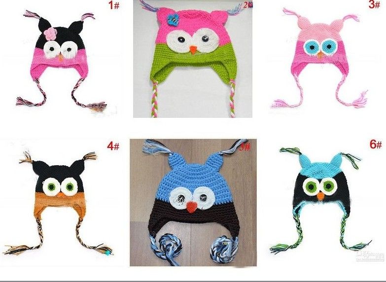 최고의 일치 6pcs 유아 올빼미 EarFlap 크로 셰 뜨개질 모자 아기 수제 크로 셰 뜨개질 OWL Beanie 니트 모자