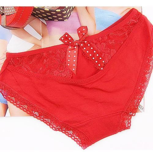 Cotton Lace Seamless Hollow Bow Sexy Princess Underwear Lady Briefs Red