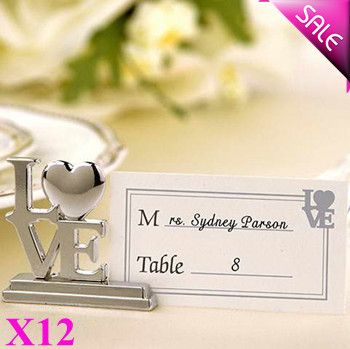 Free Shipping 12PCS Elegant Metal LOVE Place Card Holder in Organza Bag Packing Wedding Favors Party Table Decor Idea