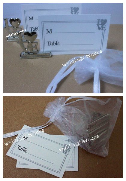 Gratis frakt 12st elegant metall kärlek plats korthållare i organza väska packning bröllop favoriserar festbord dekorera idé