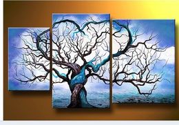 -Bleu ciel nuages ​​arbre balnéaires paysage peintures à l'huile peinte à la main sur toile 3pcs / set mixorde Encadrée