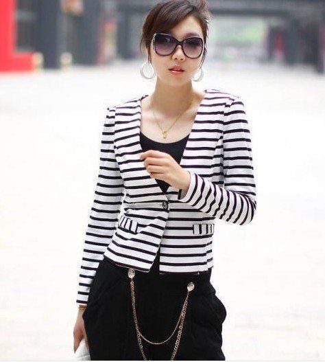 New Womens Smart Short Coat JACKET Blazer One Button STRIPED Black & White Flim Star From Edress 