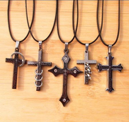 Leather Bible Cross Pendant Titanium Stainless Steel Necklaces Ring Circle Stylish Unisex Men 20pcs