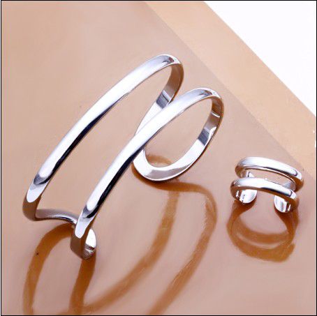 

Hot new 925 flat silver bracelet ring set opening two lines of fashion jewelry free shipping 5set