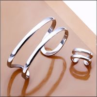 Hot Nieuwe 925 Flat Silver Armband Ring Set Opening twee regels Mode-sieraden Gratis verzending 5 Set