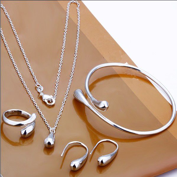 Conjunto de joyas de moda de plata de ley 925 chapado en agua gota collar pendientes brazaletes anillo para las mujeres regalos de boda envío gratis