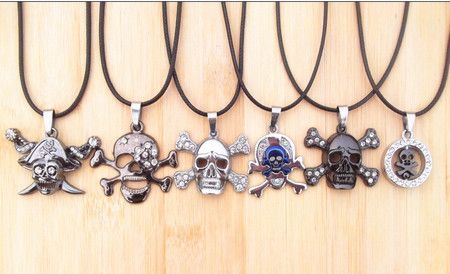 Vintage Leather Cord Titanium Stainless Steel Skull Pendant Necklaces Stylish Jewelry Men women20pcs