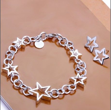 100% nova alta qualidade 925 sterling silver star pulseira brincos charme jóias set frete grátis / lote
