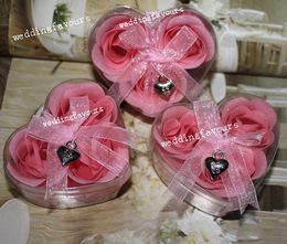 Free Shipping 12Boxes Heart Box Packing with Charm Pink Rose Flower Soap Handmade Rose Petals Soap Wedding Party Decoration