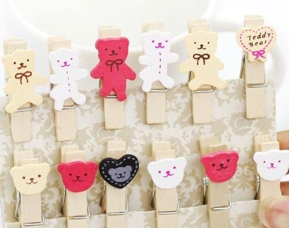 240 Peças Coreano Campo Emocional Urso Dos Desenhos Animados De Madeira Memo Clip Wedding Stationery Baby Clips