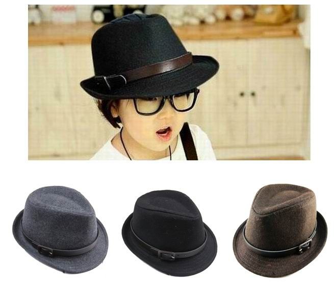 Kids Tweed Fedora Hats Children Winter Fedoras With Belt Baby Hat Caps