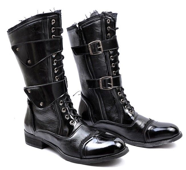 Mens Leather Shoes Knee High Boots,Punk Rivets Buckles Lace Up Leather ...