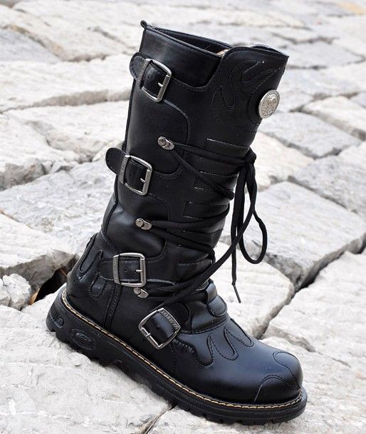 Black Mens Shoes Knee High Boots,Punk Rivet Buckles Lace Up Fire Totem ...