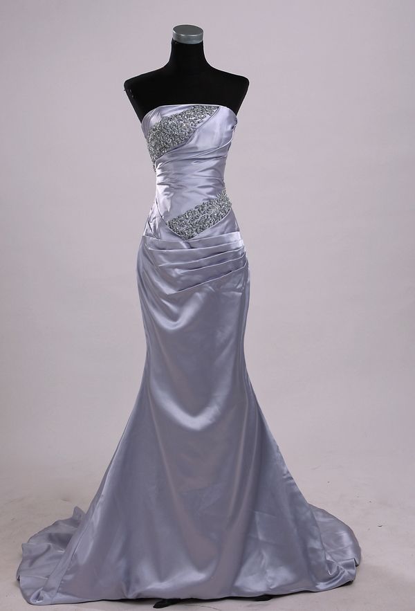 Stock Strapless Satin Silver Prom Ball Party Gowns Evening Dresses Size ...