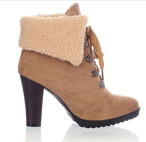 Fashion Fur Collar Plush Boots High Heeled Short Tube Snow Boots Bandage Rough Heels Boots From