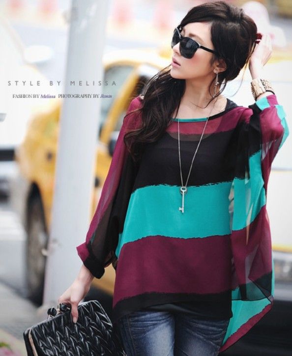 Hot Womens Fashion Two-piece Blouses Colorful Stripe Bat-wing Sleeve Chiffon Tops Blouse Green/Red