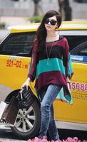 Hot Womens Fashion Two-piece Blouses Colorful Stripe Bat-wing Sleeve Chiffon Tops Blouse Green/Red