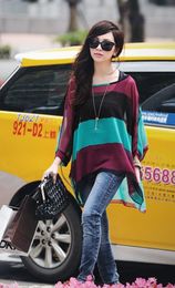 Hot Womens Fashion Two-piece Blouses Colourful Stripe Bat-wing Sleeve Chiffon Tops Blouse Green/Red