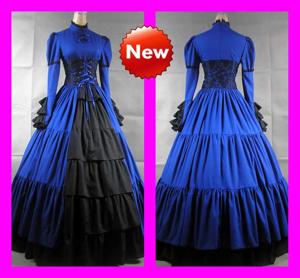 Royal Blue Vintage High Collar Dropped Bodice A Line Gothic Victorian ...