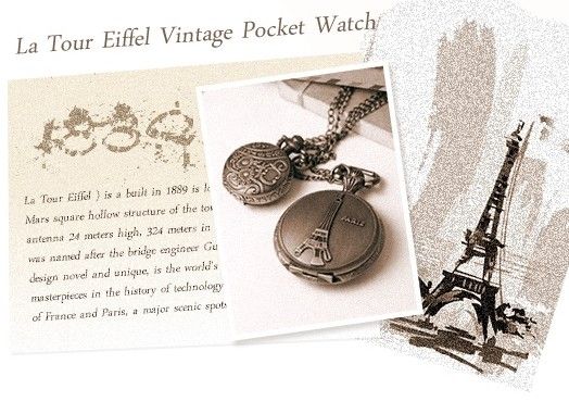 10st * Eiffeltornet Retro Pocket Watch Hängsmycke Halsband Bordslegering Halsband Sweater Chain