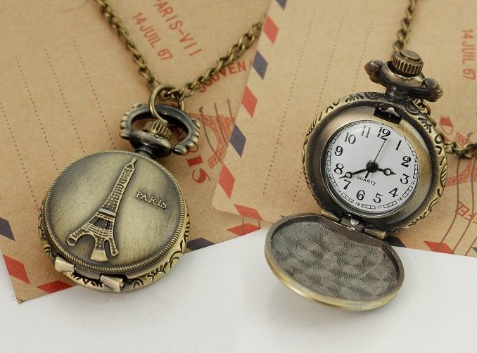 10pcs* Eiffel Tower Retro pocket watch pendant necklace table alloy necklace Sweater chain