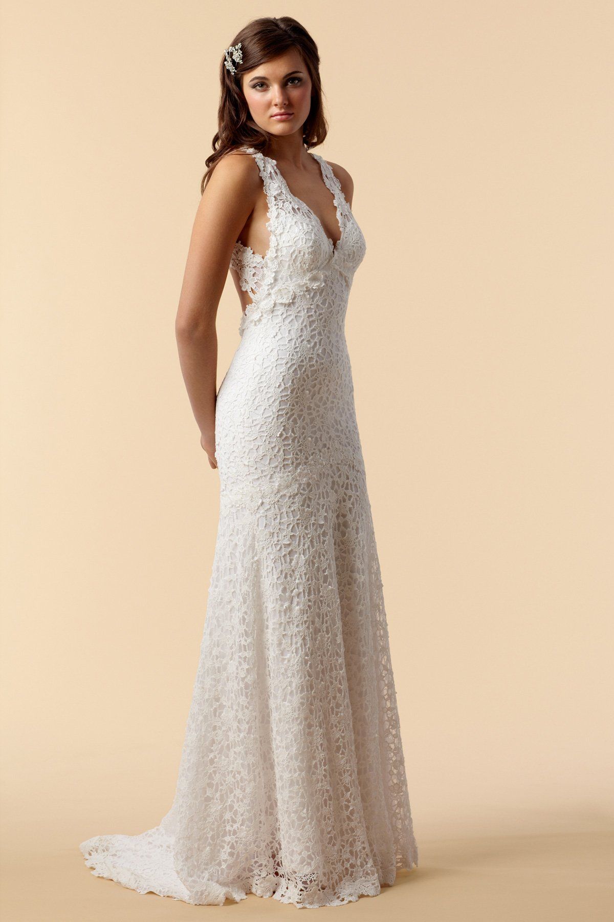 v neck sheath wedding gown