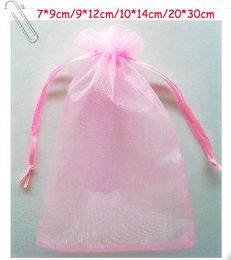 Free Ship 200pcs Pink 7*9cm 9*12cm 10*14cm 20*30cm Organza Jewellery Bag Wedding Party Candy Gift Bags