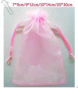 Bezpłatny statek 200 sztuk różowy 7 * 9 cm 9 * 12 cm 10 * 14 cm 20 * 30 cm Organza Biżuteria Bag Wedding Party Candy Prezent Torby