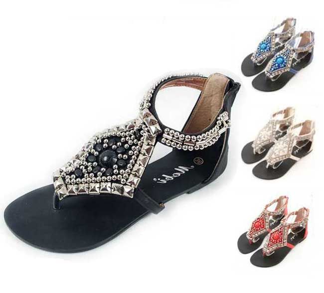 Boho Womens Girl Bright Rivet Bead Sandal Flat Heel Sandals Shoes Zip
