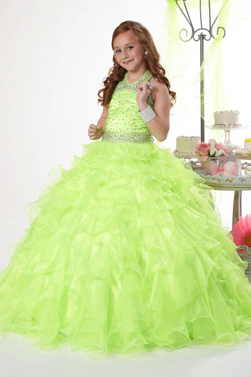 Lime Green Ball Gown Beaded Ruffled Organza Flower Girl Dresses