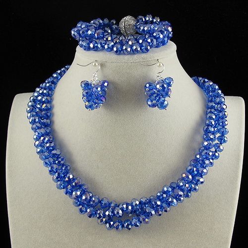 3Row 6x8mm Bleu Couleur Cristal Perles Collier Bracelet Boucle D'oreille Bijoux Ensemble Strass Aimant Fermoir