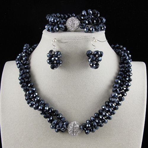 3row 6x8mm donkerblauw kristal kralen ketting armband oorbel sieraden set strass magneet sluiting