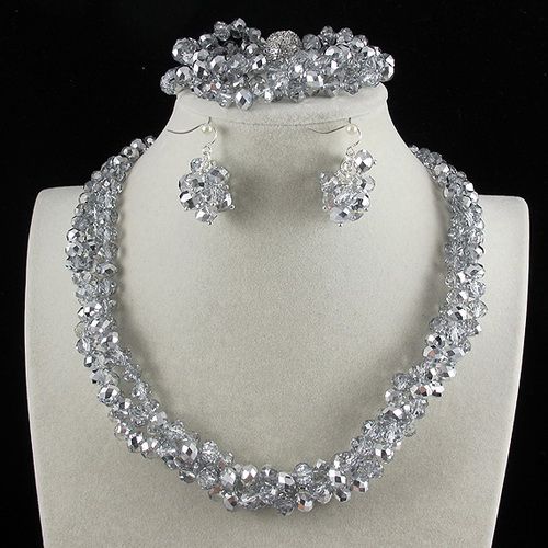 3Row 6x8mm Gri Renk Kristal Boncuk 20'Necklace Bilezik Küpe Takı Seti Rhinestone Mıknatıs Toka