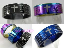 Wholesale Jewellery Lots 50pcs English Lord's Prayer Bible Cross Stainless Steel Rings Men's Fashion Jesus Wedding Rings Religious Jewellery