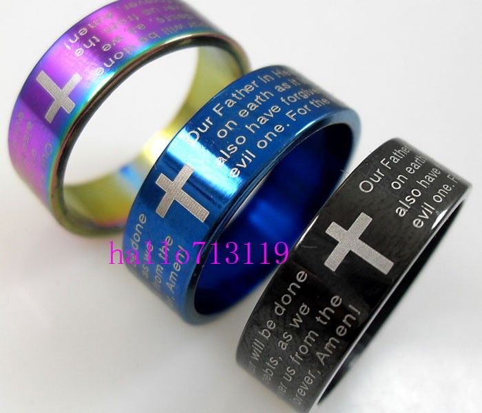 Whole Jewelry Lots 50pcs English Lord's Prayer Bible Cross Stainless Steel Rings Men's Fashion Jesus Wedding Rings R271O