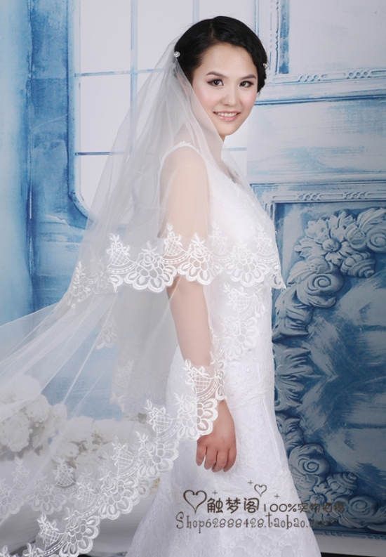 White / Ivory White Bridal Veil Lace Edge 2.6 Meters Wedding Covering ...