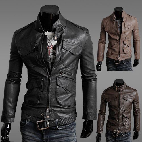 New PU Leather Jacket Men Fashion Slim Motorcycle Jackets High Neck ...