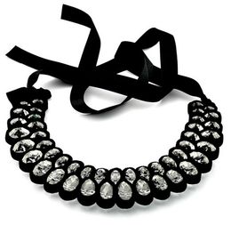 Shinny Crystal Choker Bib Necklace Cocktail Silk Ribbon Chain New 3 Colors black white colorful